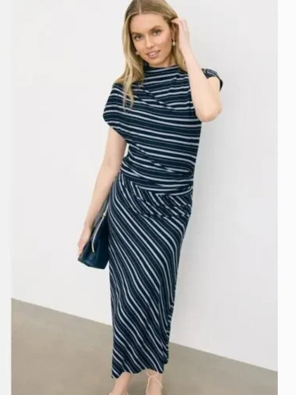 Reiss Dillon Dress Striped Print Jersey High Neck Asymmetric Draped Midi Blue S